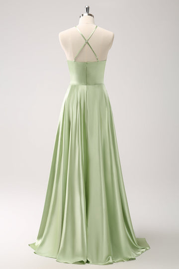 Vestido de dama de honor de satén halter hueco verde claro con flor